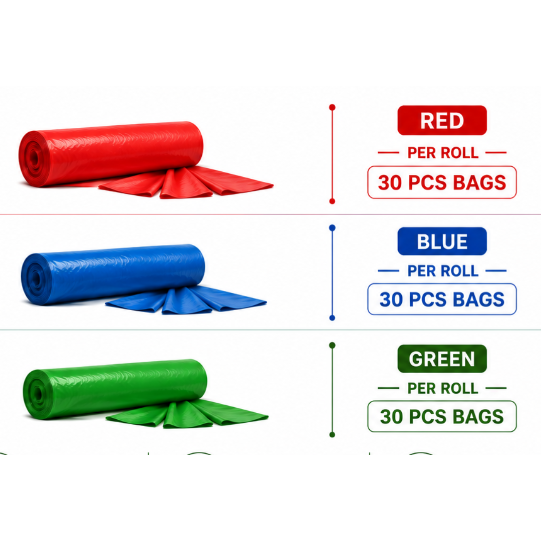 KWEL Biodegradable Garbage Bags Pack of 3 Rolls (90 Bags) – Red, Green & Blue Color-Coded Waste Disposal Bags, 19 x 21 Inch, Strong Leak-Resistant Trash Bags for Home, Office, Kitchen & Commercial Use
