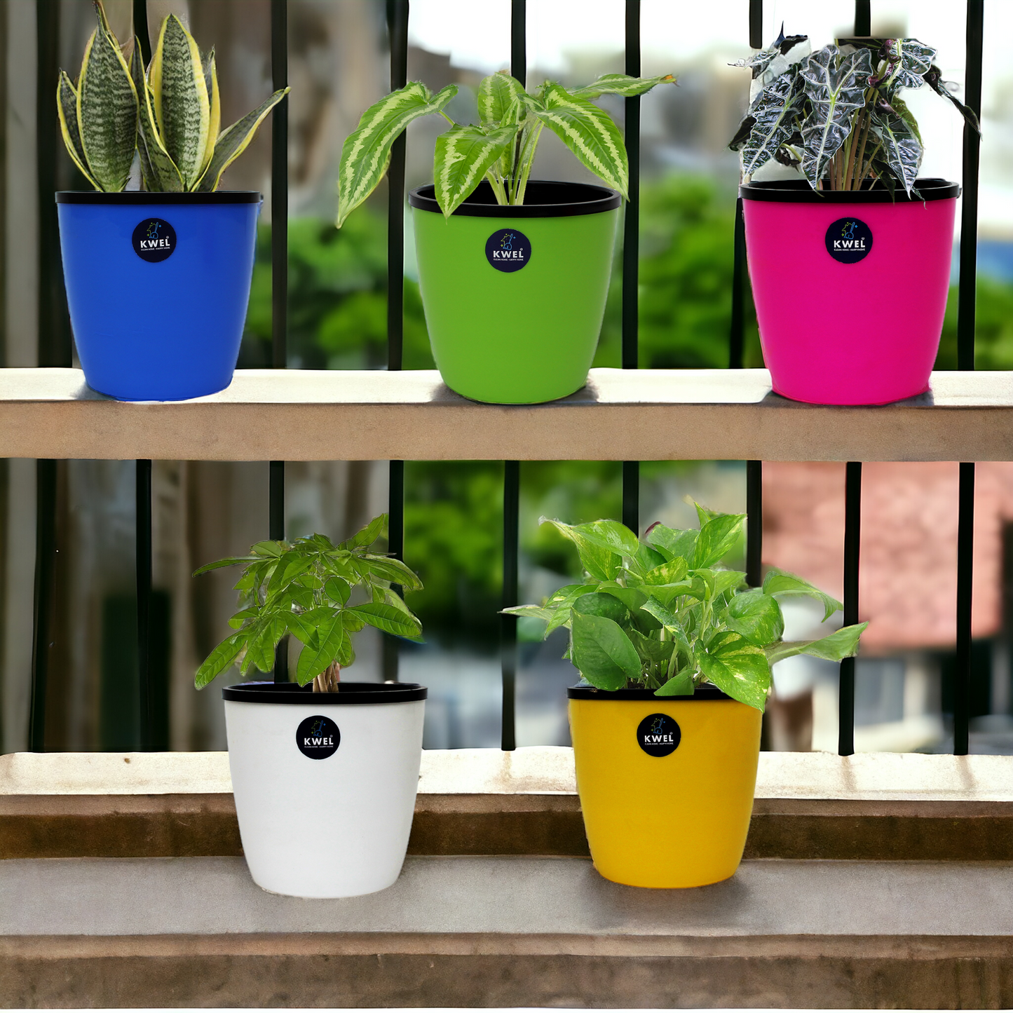 KWEL Deco Self Watering Flower pots 6” Virgin Plastic Indoor Outdoor Balcony Flower Pot with Outer and Inner Flower- Pack of 4 (Multicolor)