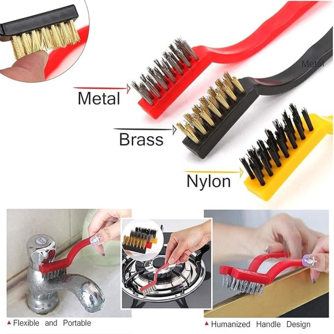 KWEL 3-in-1 Mini Wire Brush Set Brass, Nylon & Stainless Steel Bristles | Heavy-Duty Cleaning Brushes for Kitchen Gas Stove, Grill, Rust, BBQ & Metal Surface Cleaning Tool Kit (Pack of 6)