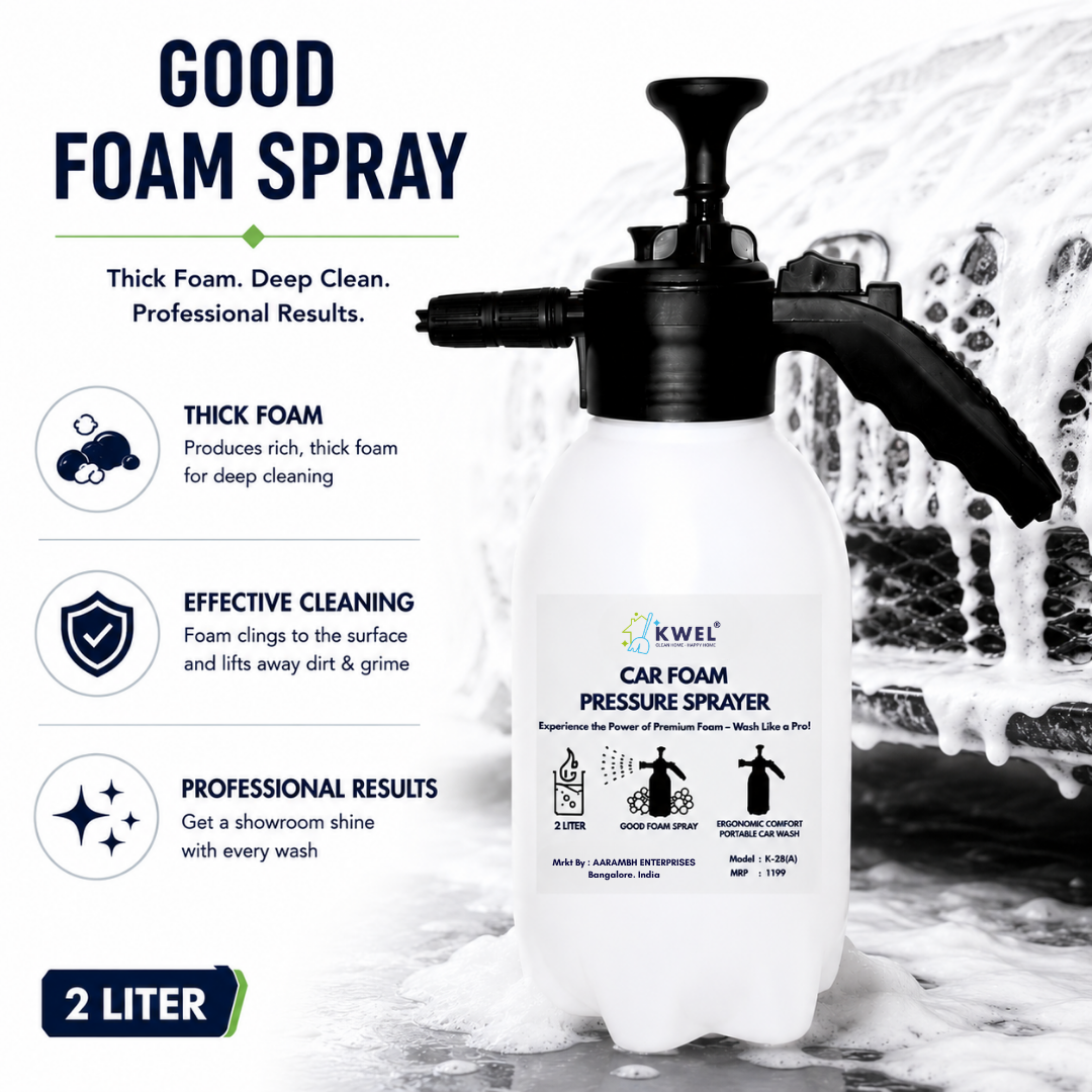 KWEL Multipurpose Car Foam Sprayer | Hand Pump Thick Foam Pressure Bottle for Car & Bike Washing (White, 2L, Pack of 1) with 100ml Car Shampoo