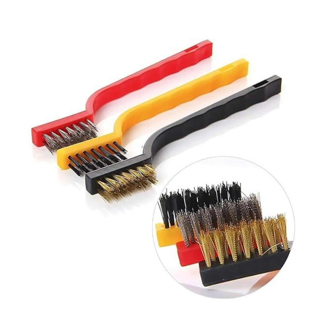 KWEL 3-in-1 Mini Wire Brush Set Brass, Nylon & Stainless Steel Bristles | Heavy-Duty Cleaning Brushes for Kitchen Gas Stove, Grill, Rust, BBQ & Metal Surface Cleaning Tool Kit (Pack of 6)