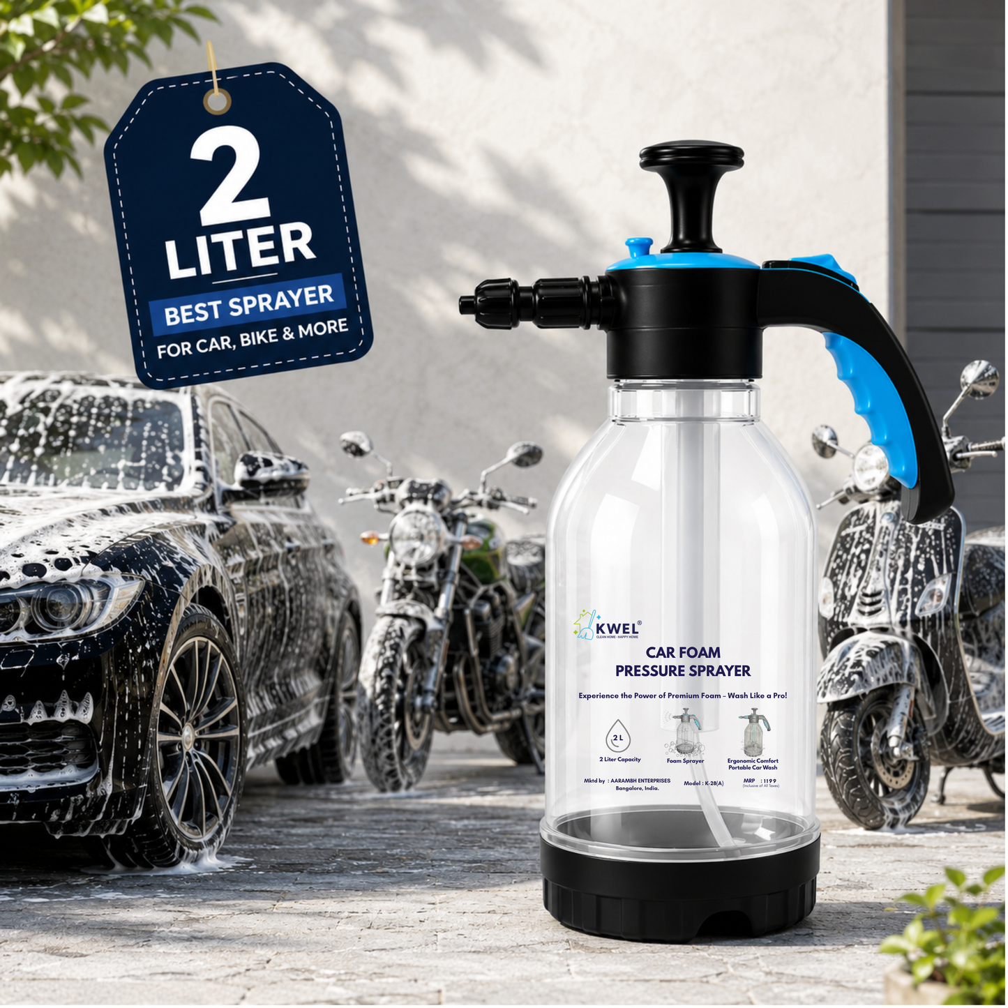 KWEL 2 Litre Foam Sprayer Combo with 100 ml Car Foam Shampoo | Manual Pressure Foam Sprayer | Thick Foam Car & Bike Washing Kit for Home & Garage