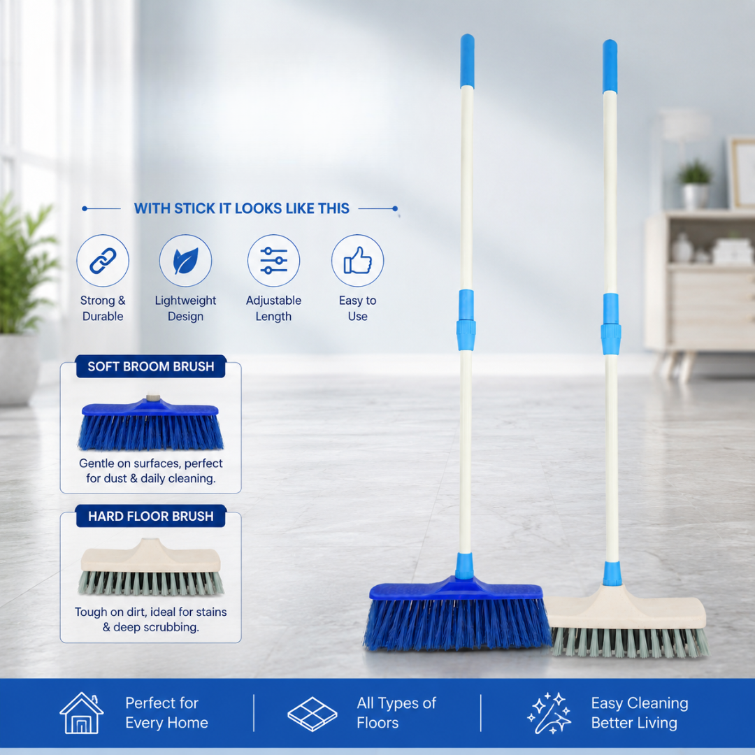 KWEL 2-in-1 Floor Cleaning Brush Combo with 4 fit Telescopic Stick | Interchangeable Soft & Hard Brush Heads | Multipurpose Cleaning Brush for Home, Bathroom, Kitchen & Outdoor