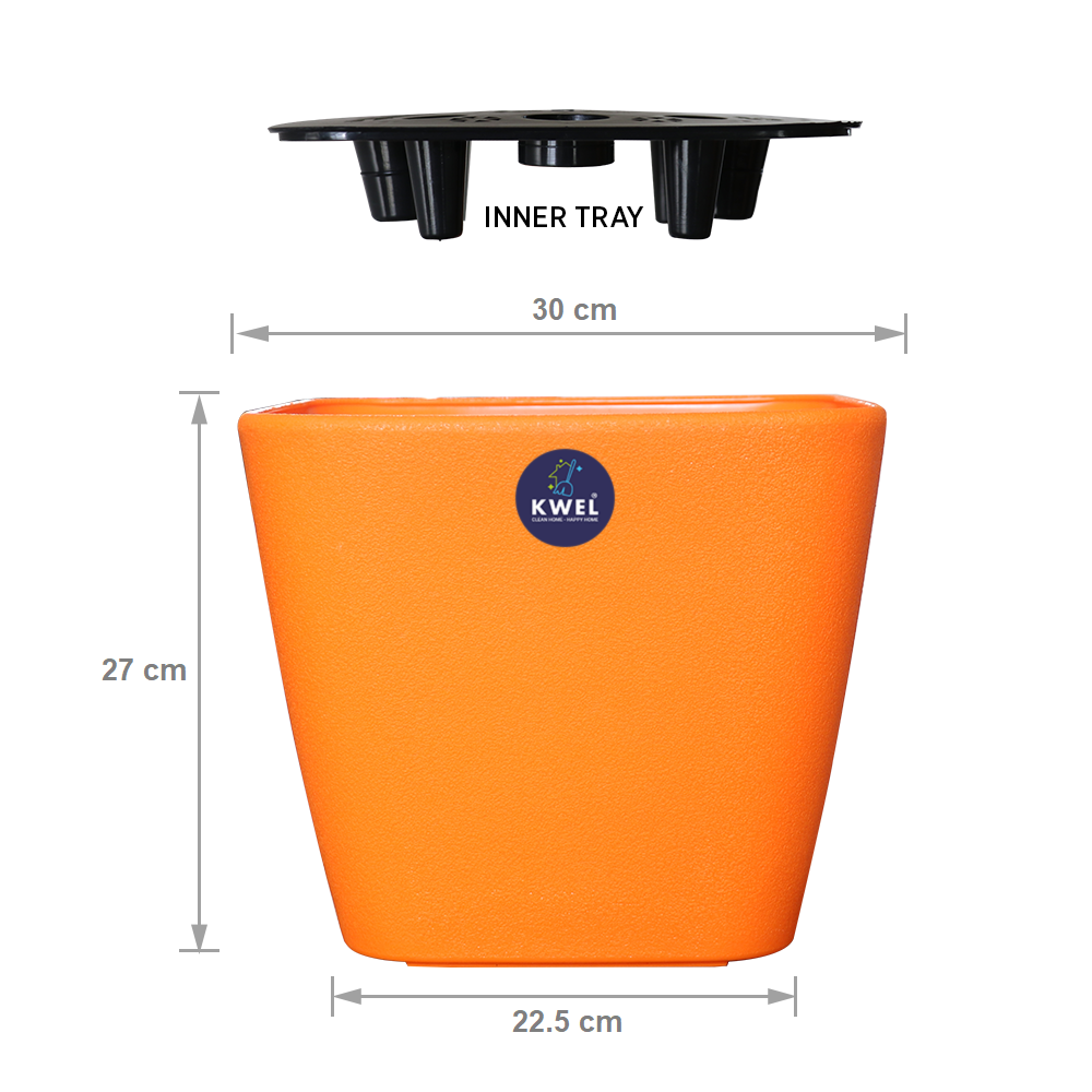 KWEL Daisy Pot Plastic Attractive Pot for Home Garden with Inner Tray Self Water Mechanism Size 12 Inch- Pack of 3 (Orange)