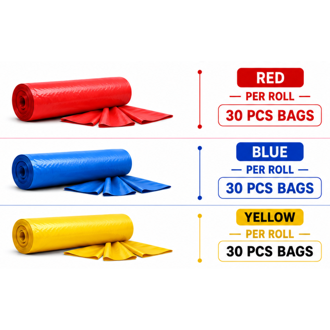 KWEL Biodegradable Garbage Bags Pack of 3 Rolls (90 Bags) – Red, Yellow & Blue Color-Coded Waste Disposal Bags, 19 x 21 Inch, Strong Leak-Resistant Trash Bags for Home, Kitchen & Commercial Use