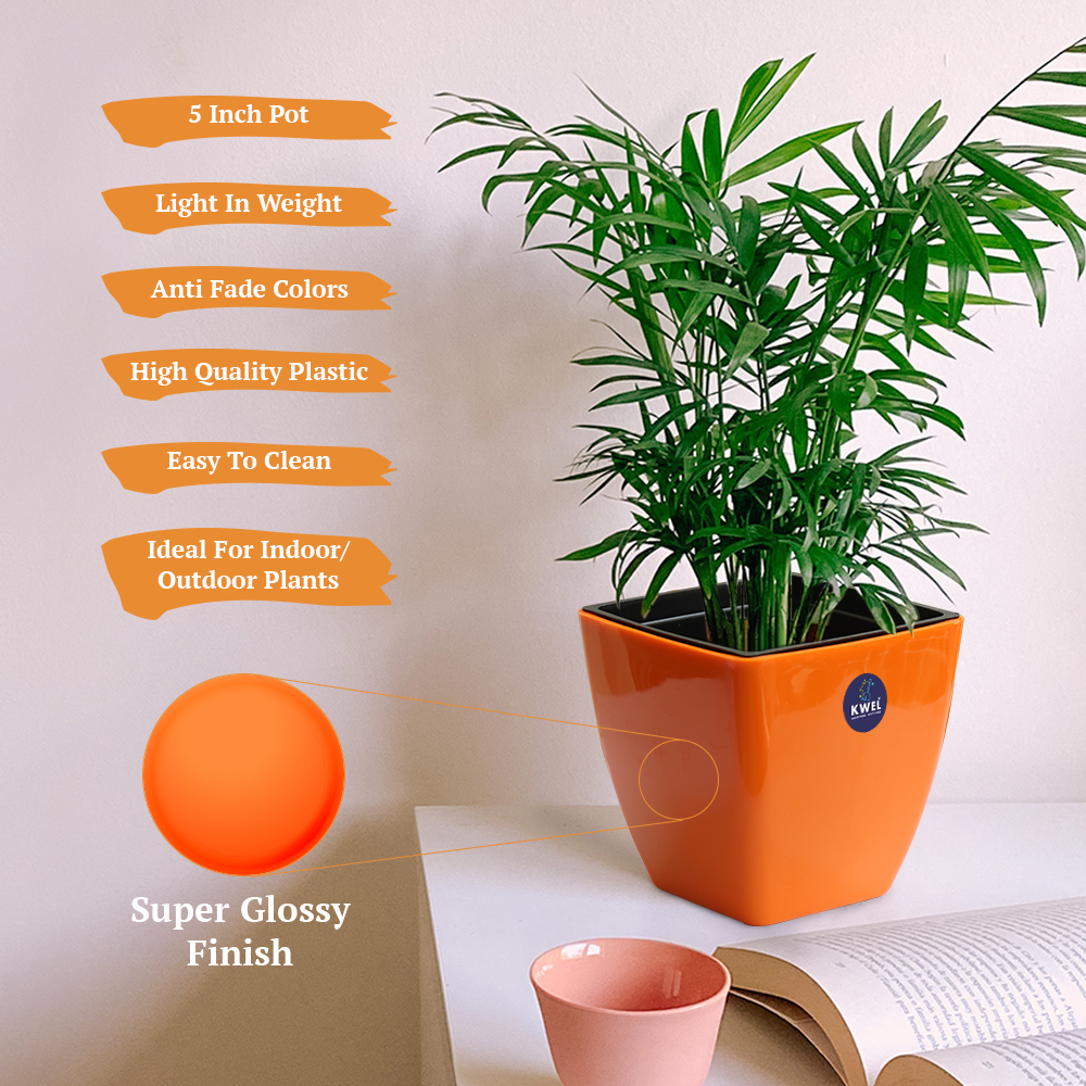 KWEL Daisy Self Watering Flower pots 5” Virgin Plastic Indoor Outdoor Balcony Flower Pot with Outer and Inner Flower Pot Pack of 4(Orange)