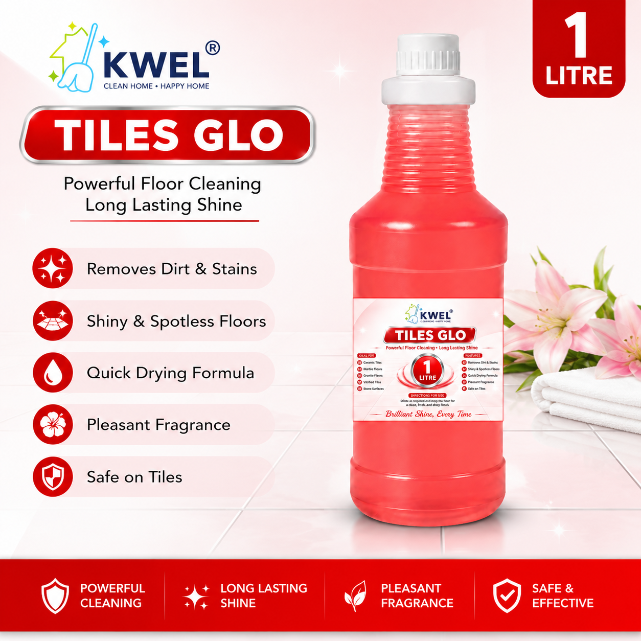 KWEL Tiles Glo Floor Cleaner 1 Litre | Advanced Floor Cleaning Liquid | Removes Dirt, Stains & Marks | Long Lasting Freshness & Shine | For Tiles, Marble, Granite & Vitrified Floors | Pack of 1