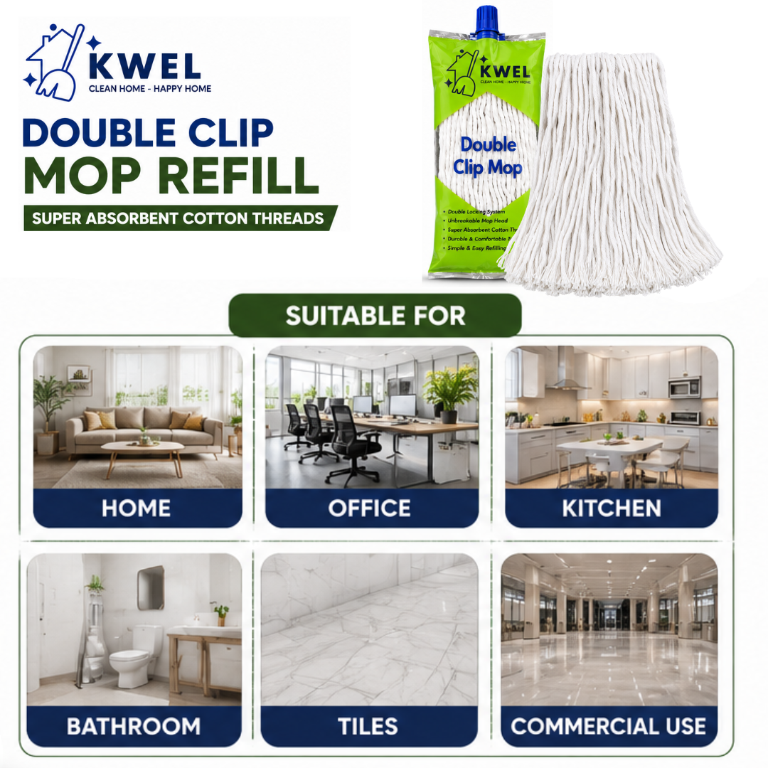 KWEL Double Clip Cotton Mop Heavd 6 Inch, 300 GM | Super Absorbent Wet Mop Head Refill for Home, Office & Kitchen Cleaning | Durable Cotton Threads | Pack of 1(White)