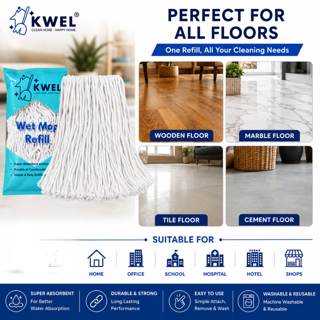 KWEL Super Absorbent Cotton Wet Mop Refill 6 Inch (300 GM) Pack of 1 (White) | Heavy Duty Floor Cleaning Mop Refill for Home, Office, Kitchen & Tiles