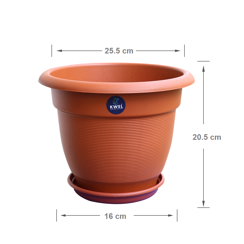 KWEL Round Elegance Pots for Plants with Outer Tray for Balcony - Brown Size 10 Inch (Pack of 6)