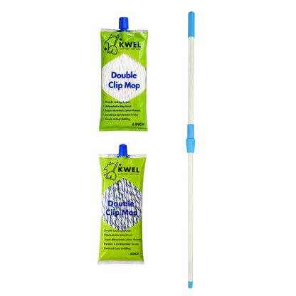 KWEL Double Clip Mop Combo | 1 Adjustable Telescopic Stick 4fit + 2 Cotton Mop Refills Heavy Duty Floor Cleaning for Home, Office & Commercial Use (1 Plain White & 1 Blue Stripe)