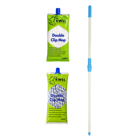KWEL Double Clip Mop Combo | 1 Adjustable Telescopic Stick 4fit + 2 Cotton Mop Refills Heavy Duty Floor Cleaning for Home, Office & Commercial Use (1 Plain White & 1 Blue Stripe)