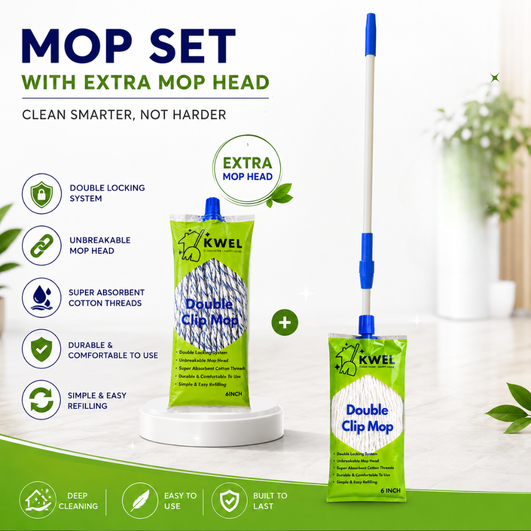 KWEL Double Clip Mop Combo | 1 Adjustable Telescopic Stick 4fit + 2 Cotton Mop Refills Heavy Duty Floor Cleaning for Home, Office & Commercial Use (1 Plain White & 1 Blue Stripe)