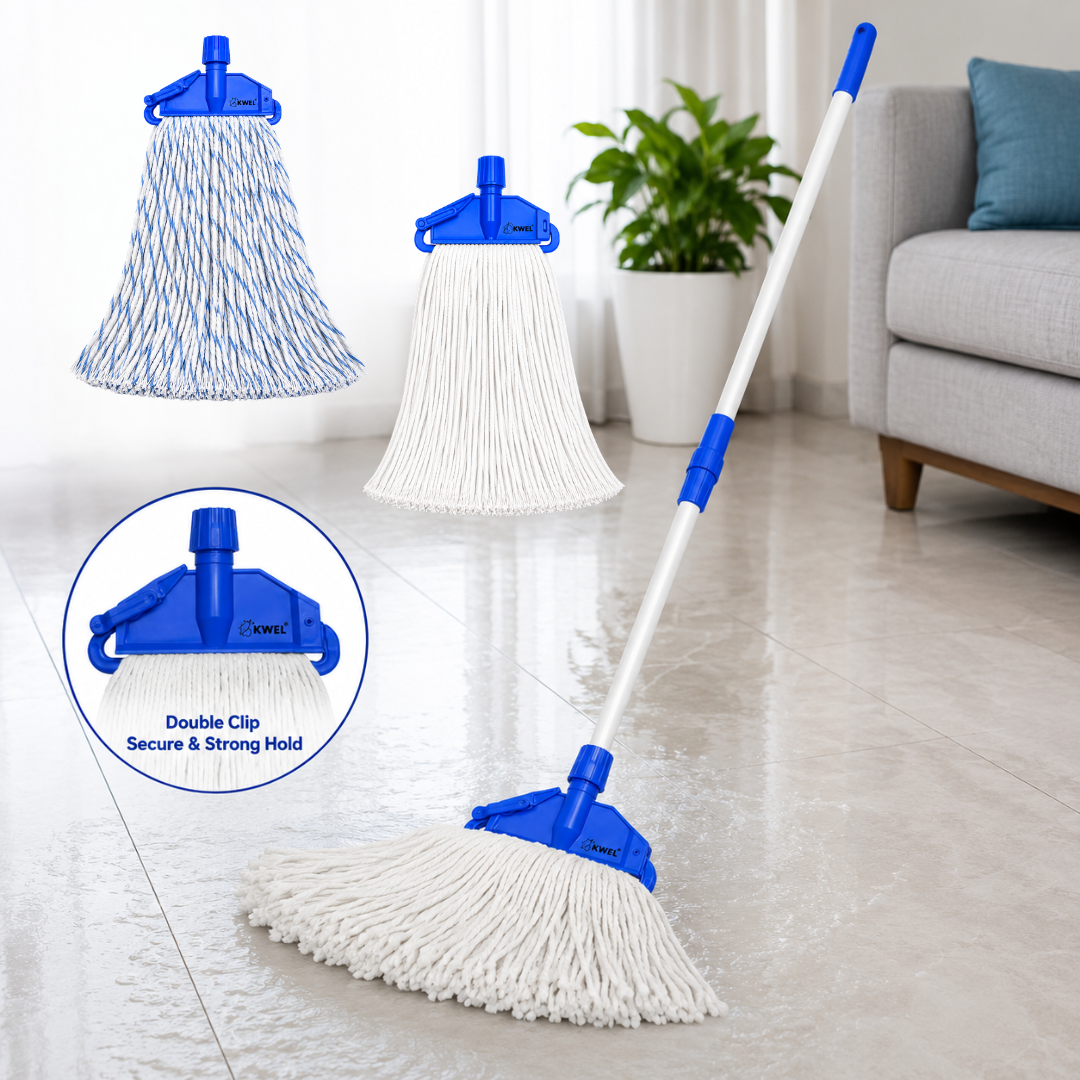 KWEL Double Clip Mop Combo | 1 Adjustable Telescopic Stick 4fit + 2 Cotton Mop Refills Heavy Duty Floor Cleaning for Home, Office & Commercial Use (1 Plain White & 1 Blue Stripe)