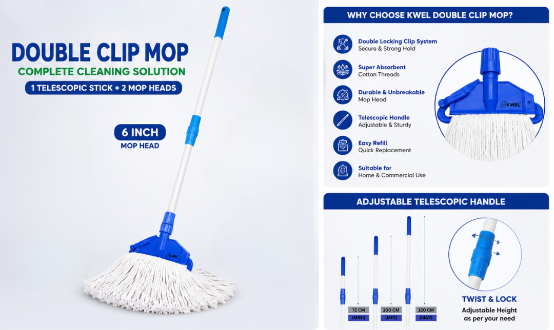 KWEL Double Clip Mop Combo | 1 Adjustable Telescopic Stick 4fit + 2 Cotton Mop Refills Heavy Duty Floor Cleaning for Home, Office & Commercial Use (1 Plain White & 1 Blue Stripe)