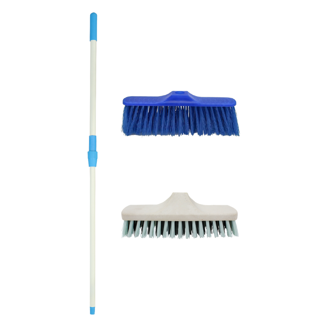 KWEL 2-in-1 Floor Cleaning Brush Combo with 4 fit Telescopic Stick | Interchangeable Soft & Hard Brush Heads | Multipurpose Cleaning Brush for Home, Bathroom, Kitchen & Outdoor