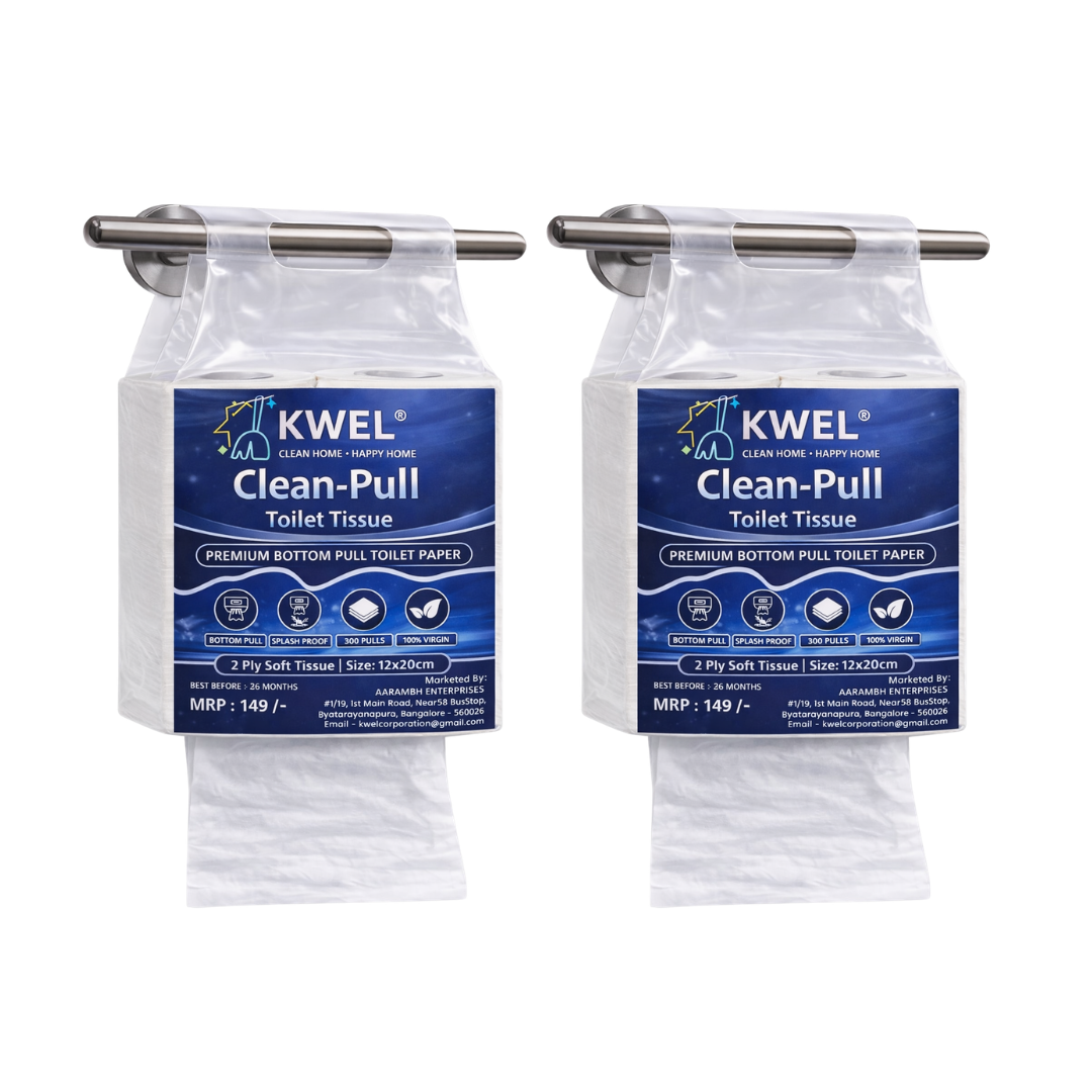 KWEL Clean-Pull Toilet Tissue | 2 Ply Soft Bottom Pull Tissue | 300 Pulls per Pack | Splash Proof Hygienic Toilet Paper | 12 x 20 cm Sheets | Pack of 2