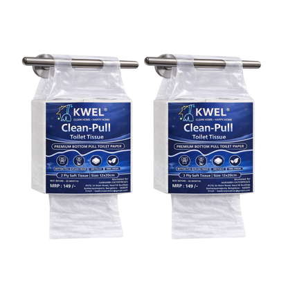 KWEL Clean-Pull Toilet Tissue | 2 Ply Soft Bottom Pull Tissue | 300 Pulls per Pack | Splash Proof Hygienic Toilet Paper | 12 x 20 cm Sheets | Pack of 2