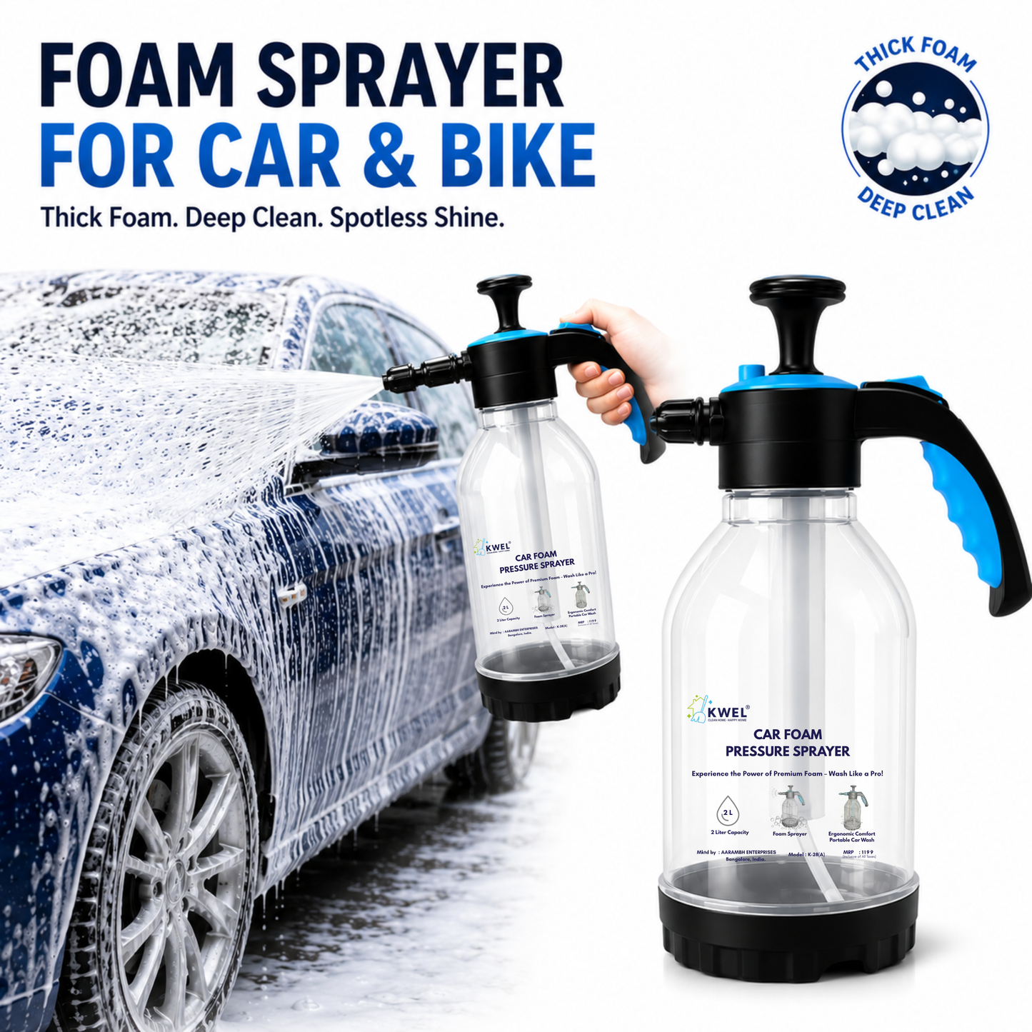 KWEL 2 Litre Foam Sprayer Combo with 100 ml Car Foam Shampoo | Manual Pressure Foam Sprayer | Thick Foam Car & Bike Washing Kit for Home & Garage