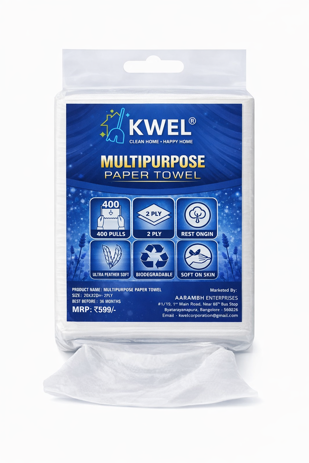 KWEL 1 Ply Multipurpose Paper Towel 400 Pulls Soft Highly Absorbent 100% Virgin Cellulose Fiber Hanging Tissue Pack Easy Pull Disposable Cleaning Wipes for Kitchen Bathroom Car Office
