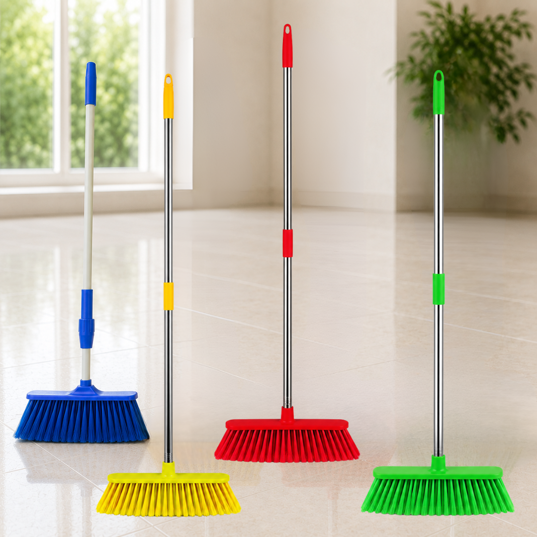 KWEL MR Broom with Soft Brush Comes with a 4ft Extendable Telescopic Rod for Easy and Flexible Cleaning Floors Long Handle Dust Cleaning Brush for Tiles, Carpet. (Set of 1,Multicolor)