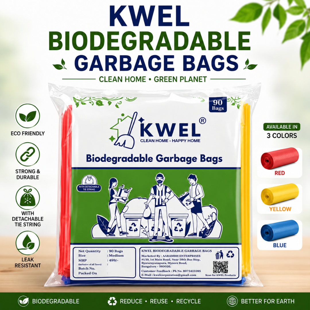 KWEL Biodegradable Garbage Bags Pack of 3 Rolls (90 Bags) – Red, Yellow & Blue Color-Coded Waste Disposal Bags, 19 x 21 Inch, Strong Leak-Resistant Trash Bags for Home, Kitchen & Commercial Use