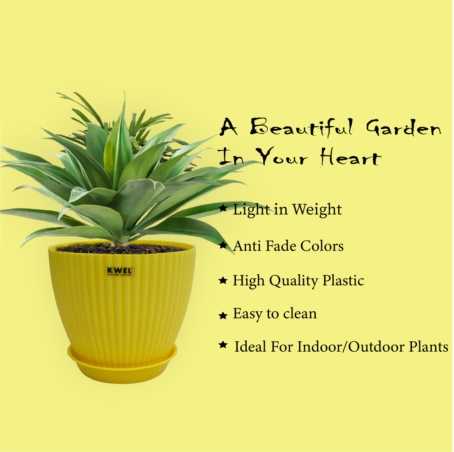 KWEL Pearl 7" Plastic Round Flower Pots for Home Planters, Terrace, Garden Etc | Yellow.