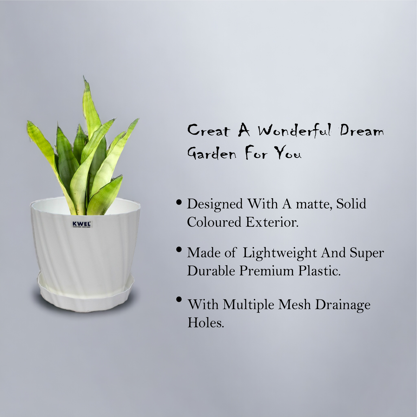 KWEL Glory 7" Plastic Round Flower Pots for Home Planters, Terrace, Garden Etc | White.