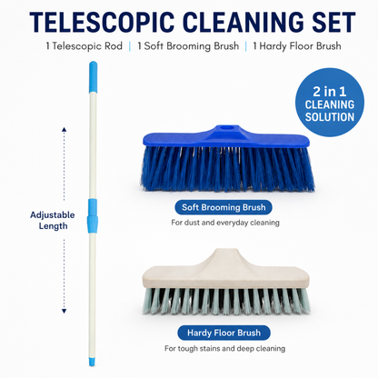 KWEL 2-in-1 Floor Cleaning Brush Combo with 4 fit Telescopic Stick | Interchangeable Soft & Hard Brush Heads | Multipurpose Cleaning Brush for Home, Bathroom, Kitchen & Outdoor