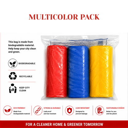 KWEL Biodegradable Garbage Bags Pack of 3 Rolls (90 Bags) – Red, Yellow & Blue Color-Coded Waste Disposal Bags, 19 x 21 Inch, Strong Leak-Resistant Trash Bags for Home, Kitchen & Commercial Use