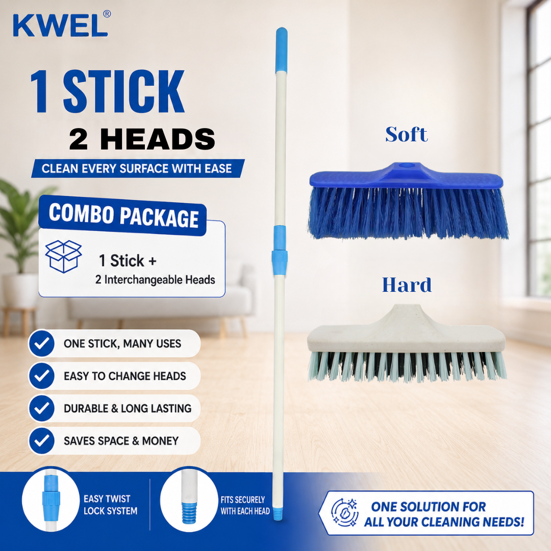 KWEL 2-in-1 Floor Cleaning Brush Combo with 4 fit Telescopic Stick | Interchangeable Soft & Hard Brush Heads | Multipurpose Cleaning Brush for Home, Bathroom, Kitchen & Outdoor