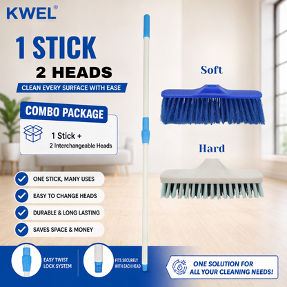 KWEL 2-in-1 Floor Cleaning Brush Combo with 4 fit Telescopic Stick | Interchangeable Soft & Hard Brush Heads | Multipurpose Cleaning Brush for Home, Bathroom, Kitchen & Outdoor