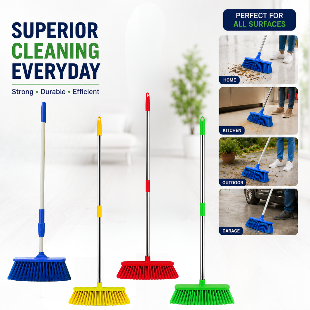 KWEL MR Broom with Soft Brush Comes with a 4ft Extendable Telescopic Rod for Easy and Flexible Cleaning Floors Long Handle Dust Cleaning Brush for Tiles, Carpet. (Set of 1,Multicolor)