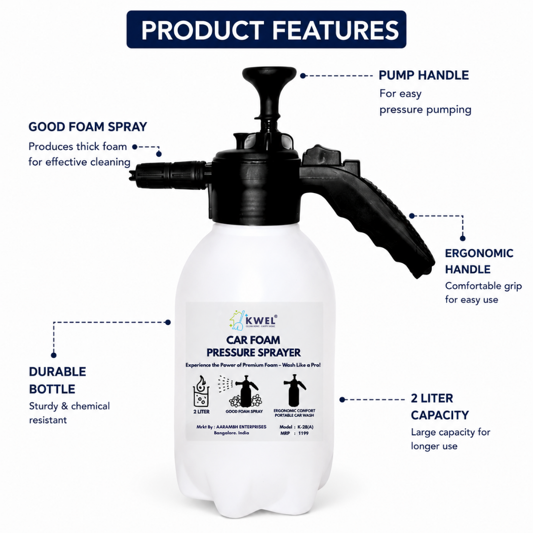 KWEL Multipurpose Car Foam Sprayer | Hand Pump Thick Foam Pressure Bottle for Car & Bike Washing (White, 2L, Pack of 1) with 100ml Car Shampoo