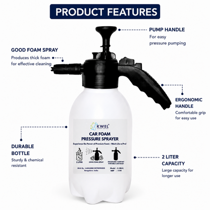 KWEL Multipurpose Car Foam Sprayer | Hand Pump Thick Foam Pressure Bottle for Car & Bike Washing (White, 2L, Pack of 1) with 100ml Car Shampoo