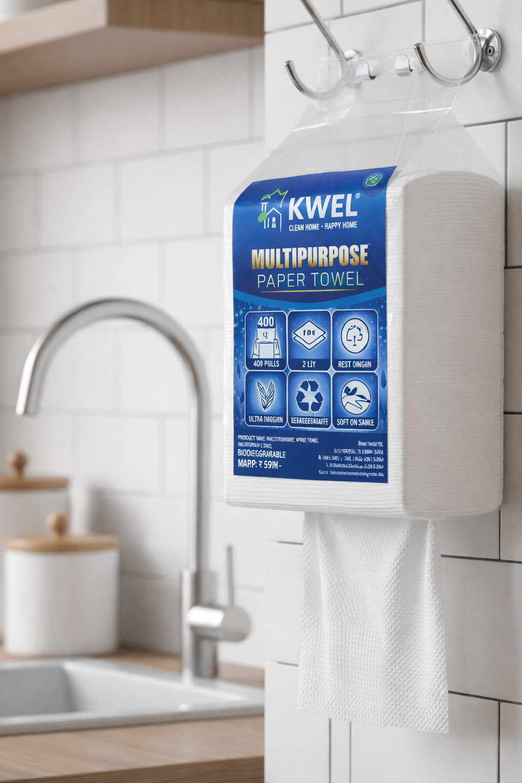 KWEL 1 Ply Multipurpose Paper Towel 400 Pulls Soft Highly Absorbent 100% Virgin Cellulose Fiber Hanging Tissue Pack Easy Pull Disposable Cleaning Wipes for Kitchen Bathroom Car Office
