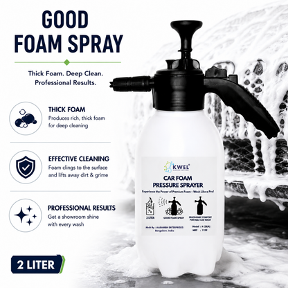 KWEL Multipurpose Car Foam Sprayer | Hand Pump Thick Foam Pressure Bottle for Car & Bike Washing (White, 2L, Pack of 1) with 100ml Car Shampoo