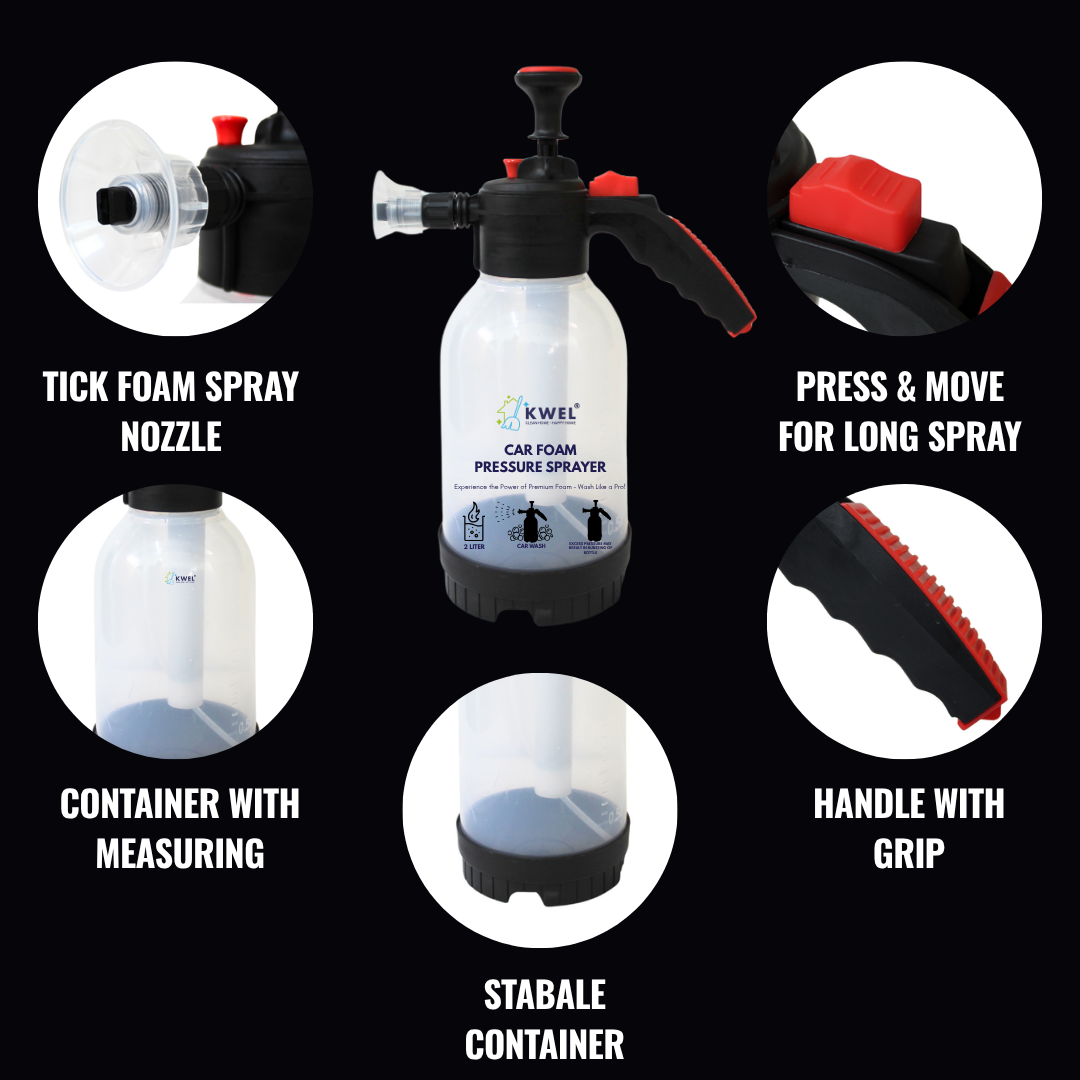 KWEL Foam Pump Sprayer 2 Litter with 100ml Car Shampoo (Pack of 1) – High-Pressure Bottle for Car Wash, Bike Wash, Car Cleaning, Foam Sprayer, and Detailing