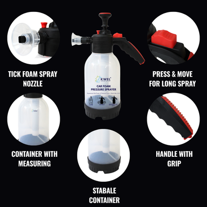 KWEL Foam Pump Sprayer 2 Litter with 100ml Car Shampoo (Pack of 1) – High-Pressure Bottle for Car Wash, Bike Wash, Car Cleaning, Foam Sprayer, and Detailing