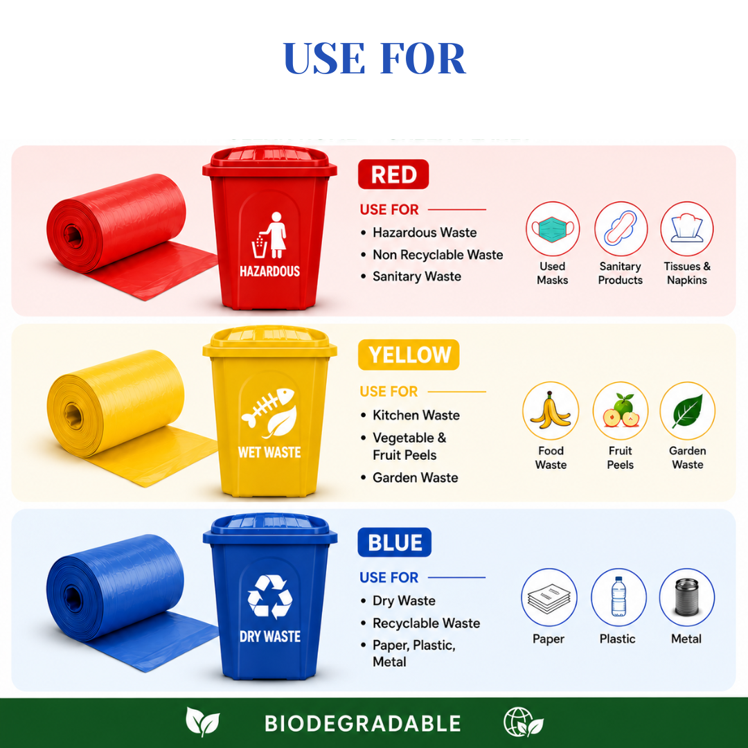 KWEL Biodegradable Garbage Bags Pack of 3 Rolls (90 Bags) – Red, Yellow & Blue Color-Coded Waste Disposal Bags, 19 x 21 Inch, Strong Leak-Resistant Trash Bags for Home, Kitchen & Commercial Use