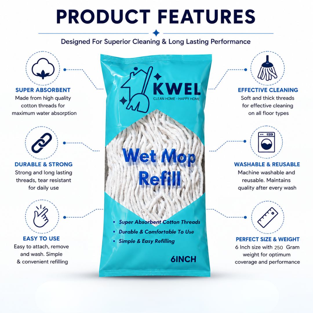 KWEL Wet mop Refill (250 Gm) For Floor mopping, (White)