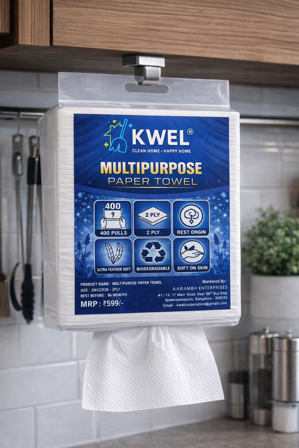 KWEL 1 Ply Multipurpose Paper Towel 400 Pulls Soft Highly Absorbent 100% Virgin Cellulose Fiber Hanging Tissue Pack Easy Pull Disposable Cleaning Wipes for Kitchen Bathroom Car Office