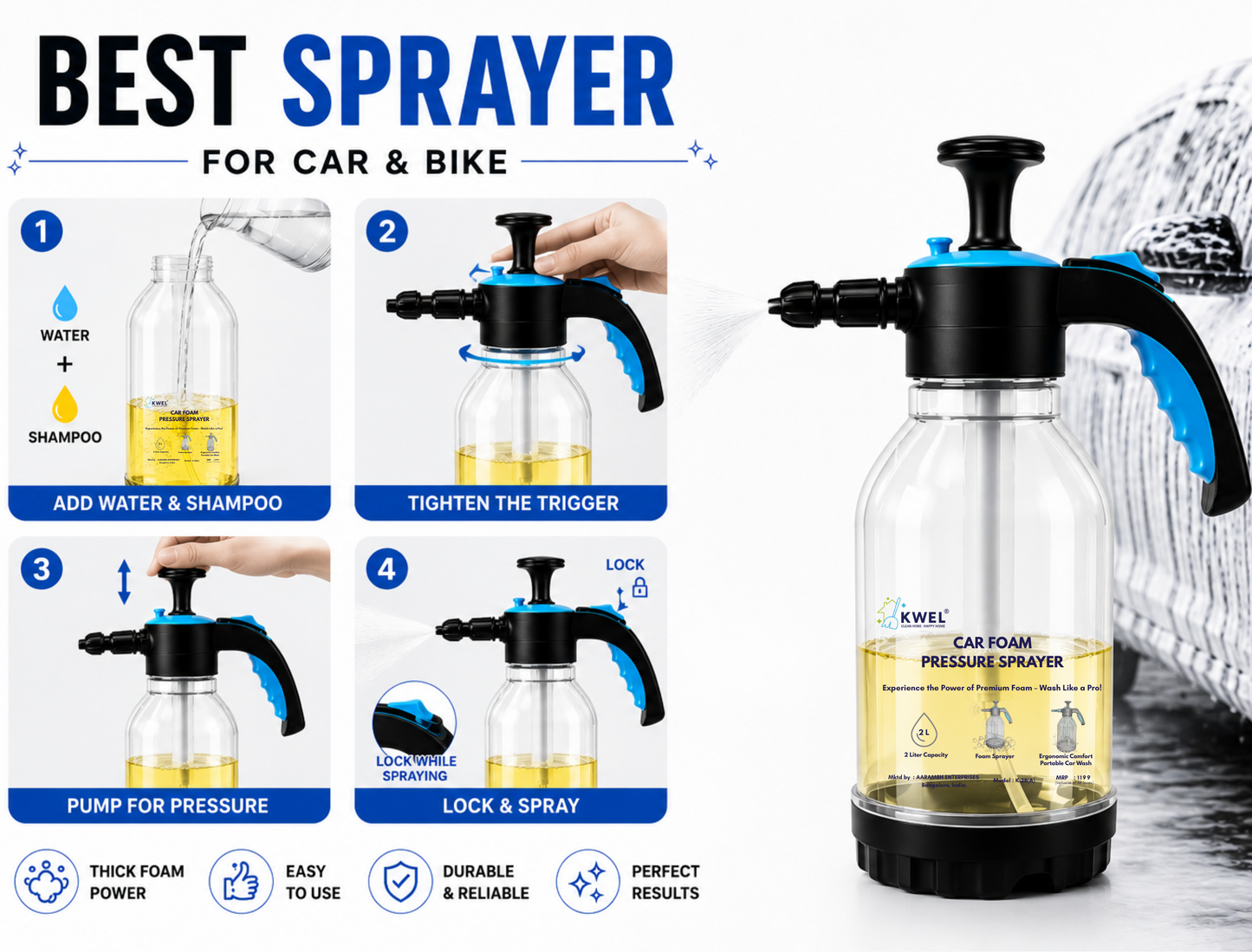 KWEL 2 Litre Foam Sprayer Combo with 100 ml Car Foam Shampoo | Manual Pressure Foam Sprayer | Thick Foam Car & Bike Washing Kit for Home & Garage