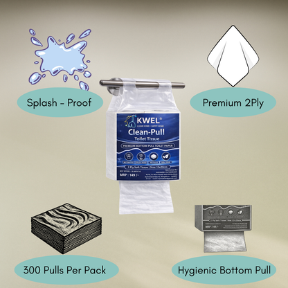 KWEL Clean-Pull Toilet Tissue | 2 Ply Soft Bottom Pull Tissue | 300 Pulls per Pack | Splash Proof Hygienic Toilet Paper | 12 x 20 cm Sheets | Pack of 2