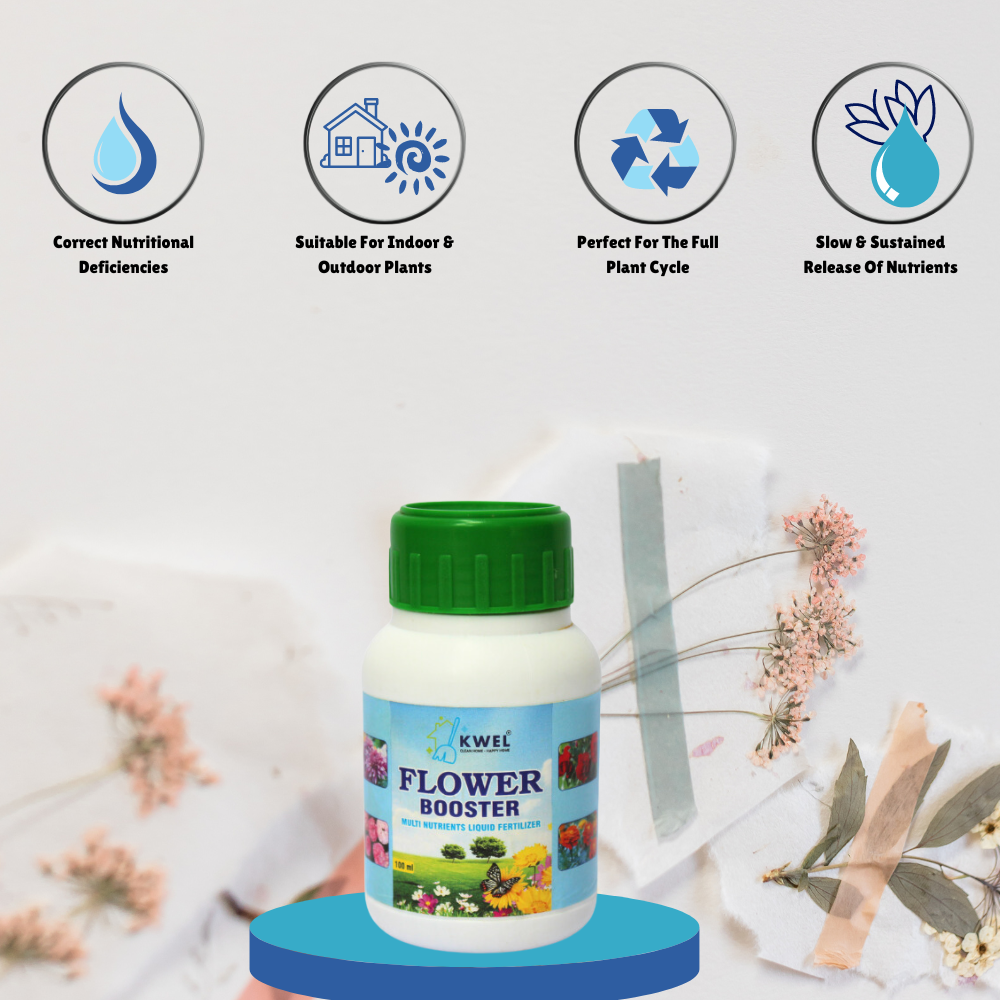 KWEL Flower Booser to enhance & stimulate flower growth. Liquid Fertilizer for all flower varieties - 100ml (Pack of 1) with 10ml Measuring Cup 1Piece