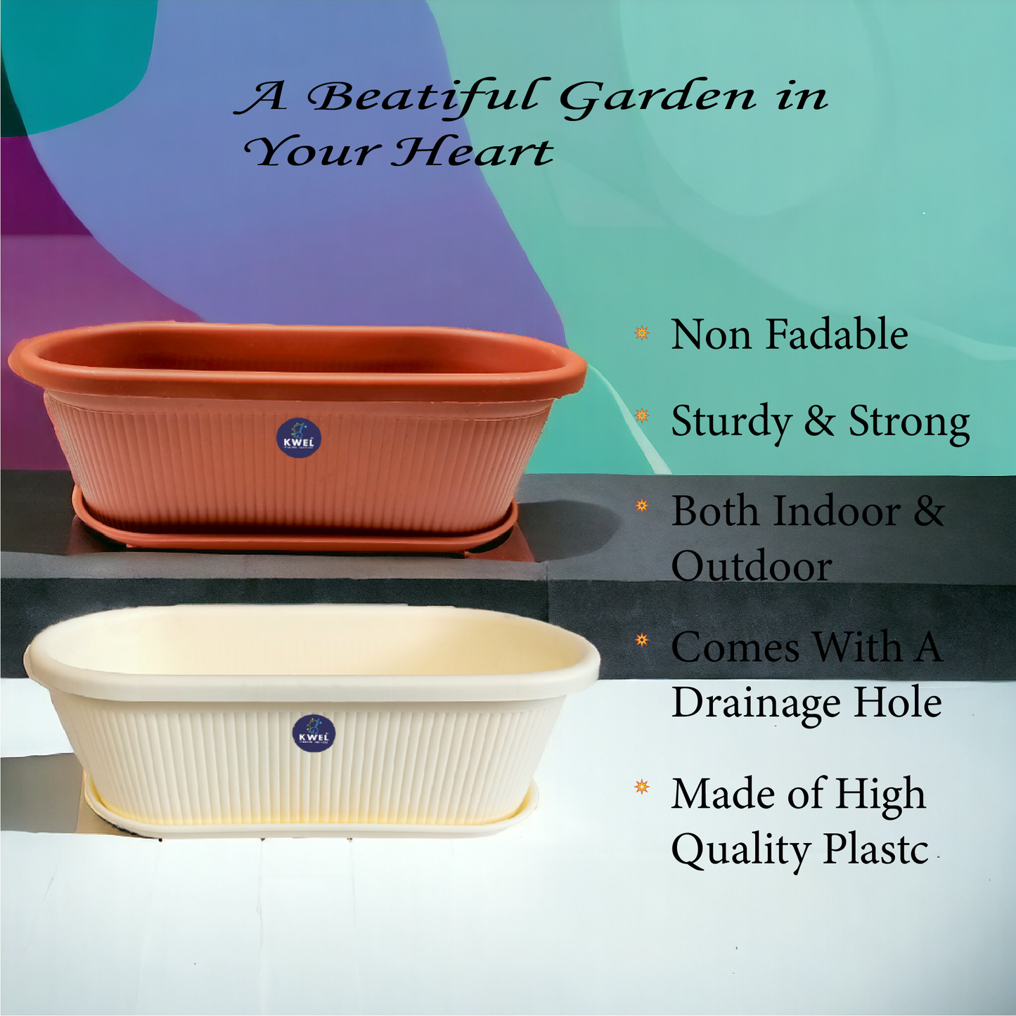 KWEL Regalia Plastic Planter Pot with Tray Big Size (Brown) Pack of 4