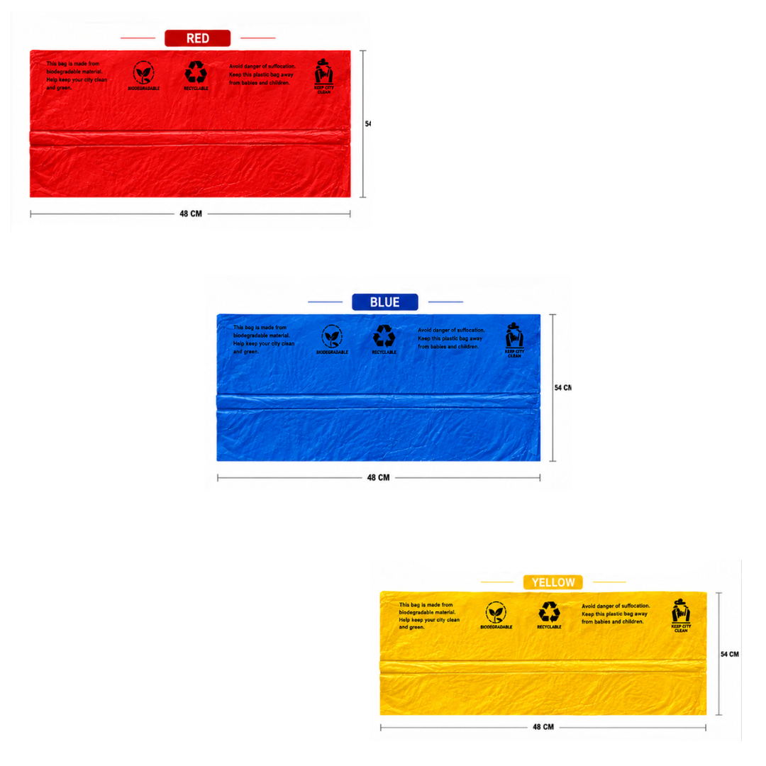 KWEL Biodegradable Garbage Bags Pack of 3 Rolls (90 Bags) – Red, Yellow & Blue Color-Coded Waste Disposal Bags, 19 x 21 Inch, Strong Leak-Resistant Trash Bags for Home, Kitchen & Commercial Use