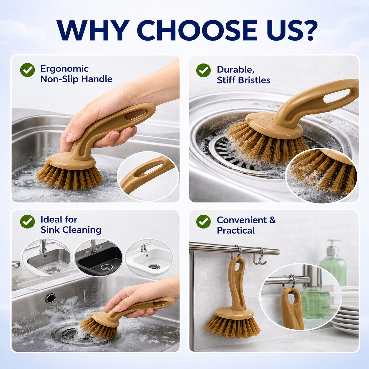 KWEL Kitchen & Bathroom Cleaning Brush | Plastic Sink Scrub Brush for Wash Basin, Tiles, Countertops & Dishes | Strong Bristles | Pack of 2 | Multicolor