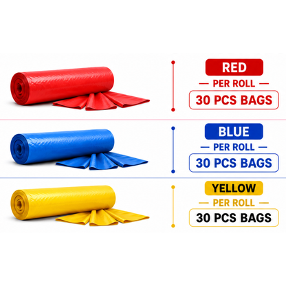KWEL Biodegradable Garbage Bags Pack of 3 Rolls (90 Bags) – Red, Yellow & Blue Color-Coded Waste Disposal Bags, 19 x 21 Inch, Strong Leak-Resistant Trash Bags for Home, Kitchen & Commercial Use