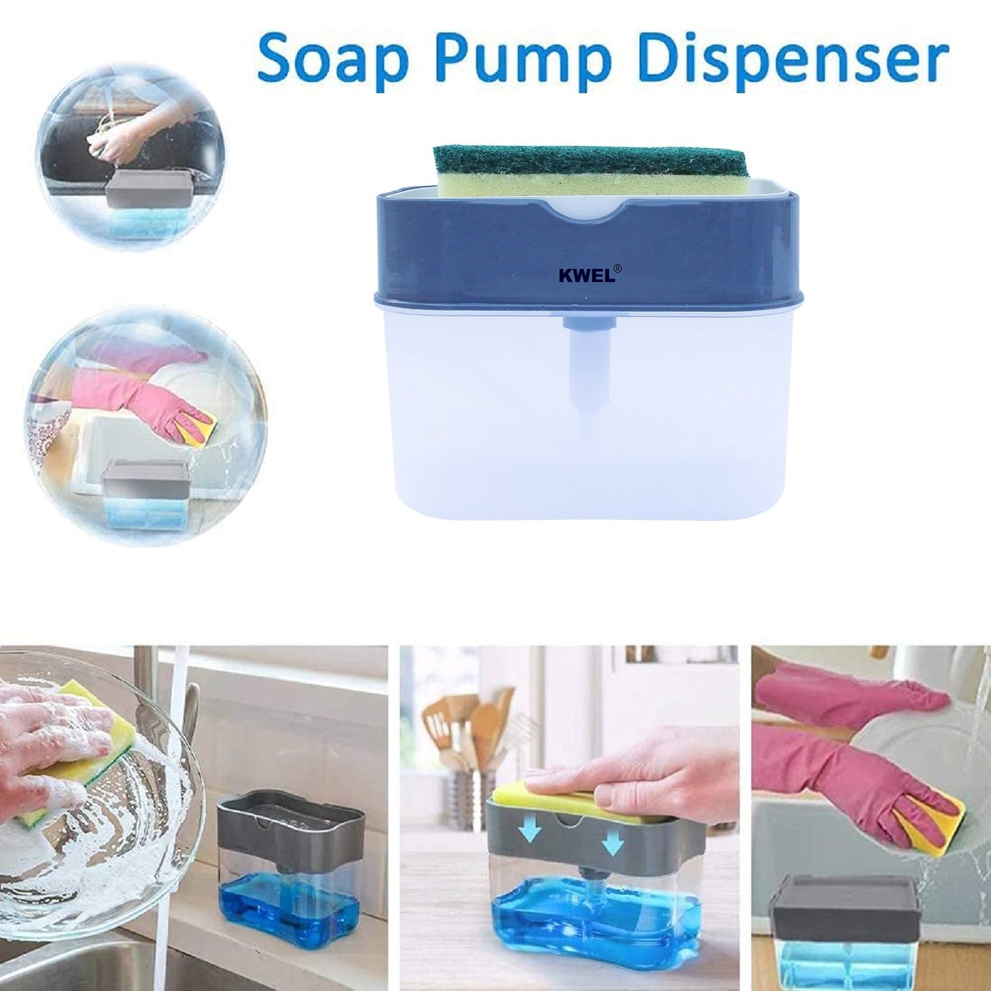 KWEL 2 in 1 Soap Pump Plastic Dispenser for Dishwasher Liquid; Holder (Random Color; Pack of 1) and 200ml Dish wash Liquid Free